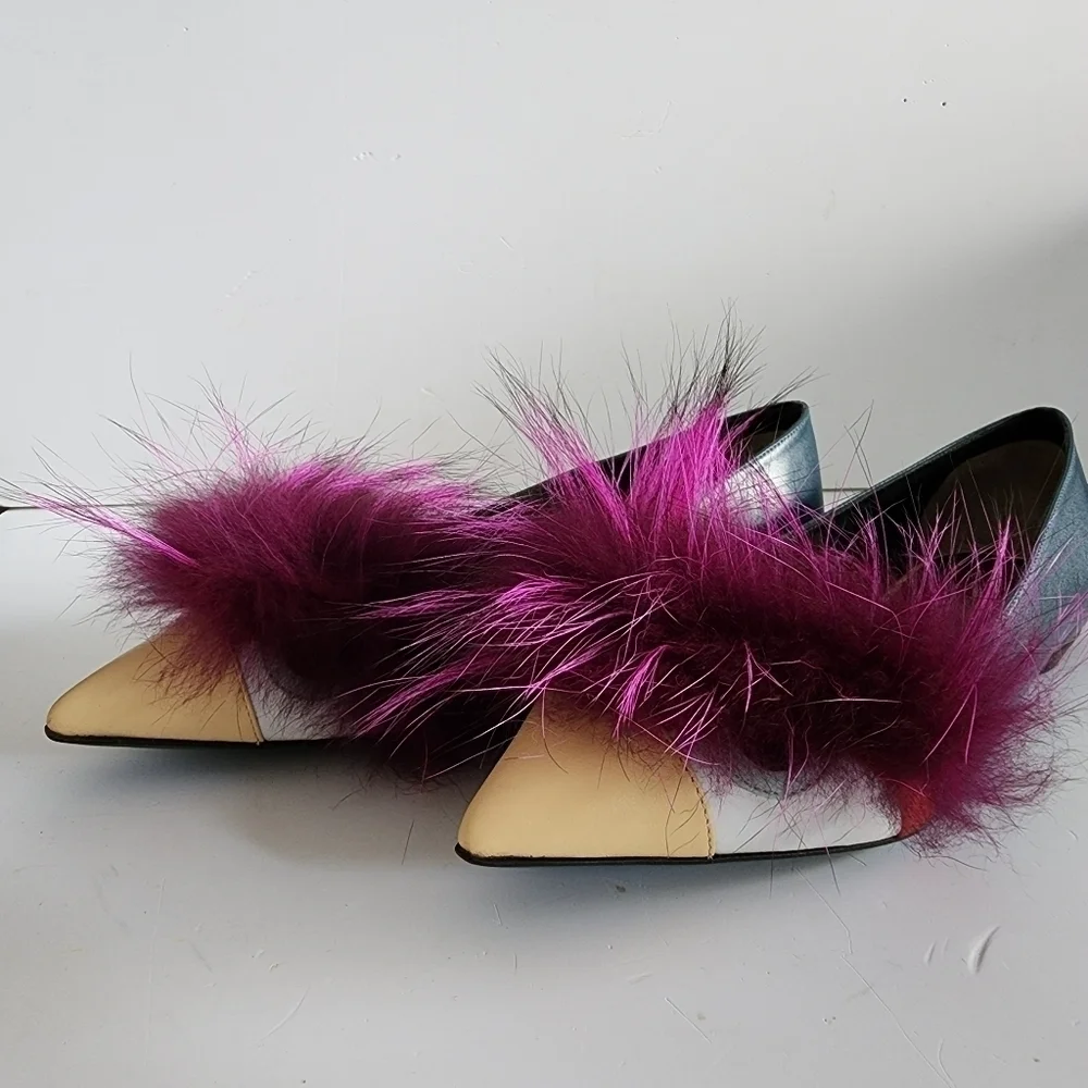 NEW Fendi Leather And Fur Monster Eye Pointed Toe Ballet Flats Size 38 - Picture 9 of 13